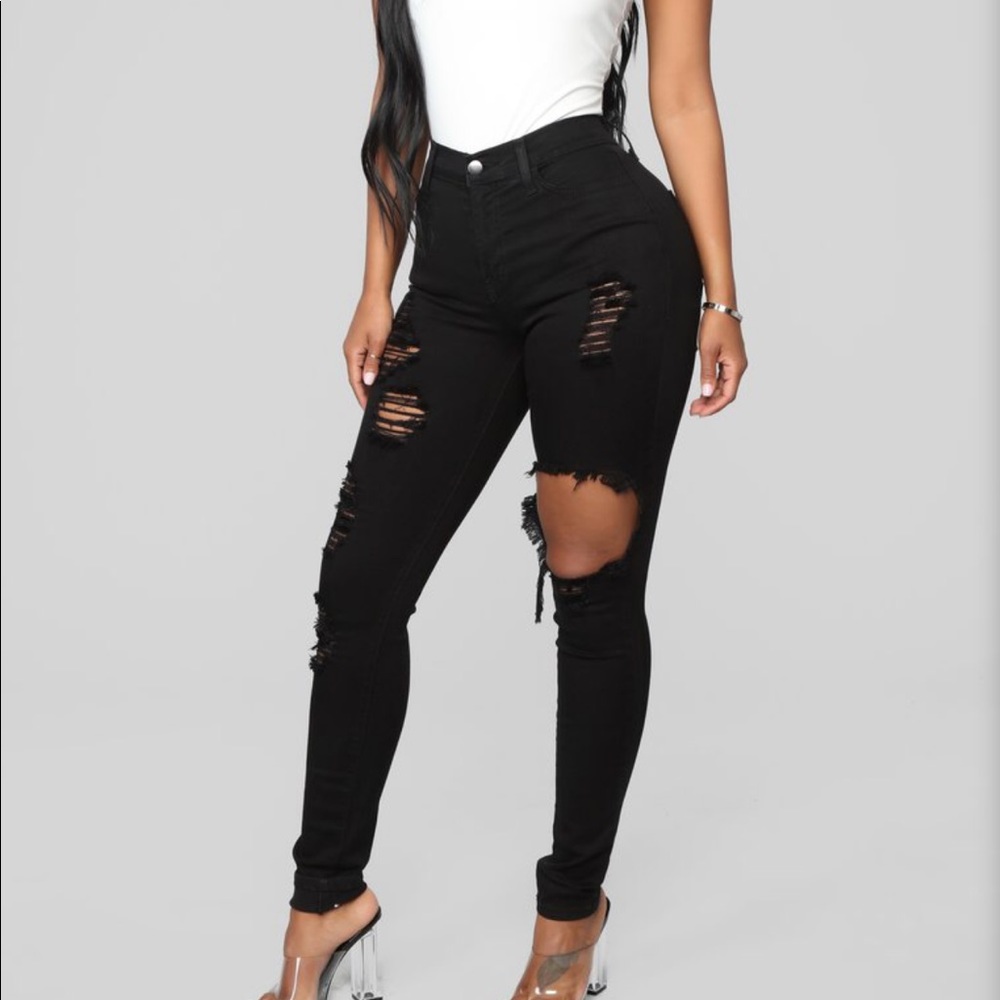 Fashion Nova Black Glistening Jeans (Distressed)